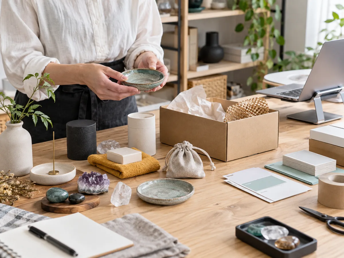 商品企画、検品、梱包を行う作業風景