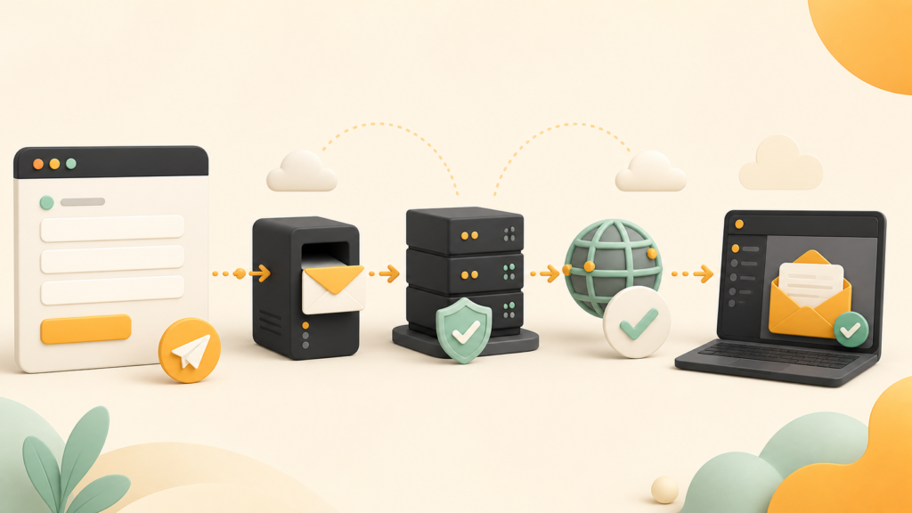 お問い合わせフォーム通知をSMTP・DNS・受信まで確認するイメージ