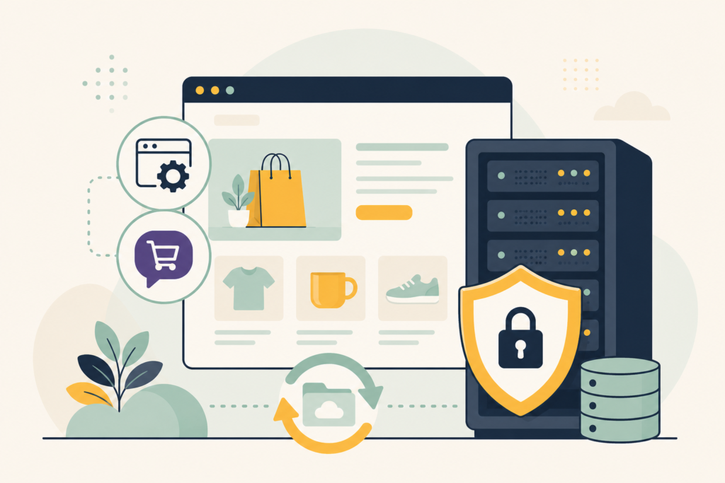 WordPressとWooCommerceのサイトを支えるサーバー、WAF、バックアップのイメージ