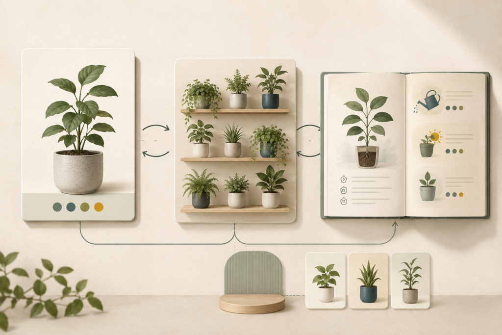 植物の商品ページ、カテゴリー一覧、育て方ガイドを双方向につなぐ概念図