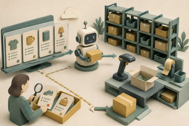 受注データをロボットが倉庫と梱包作業につなぎ、例外を人が確認する概念図