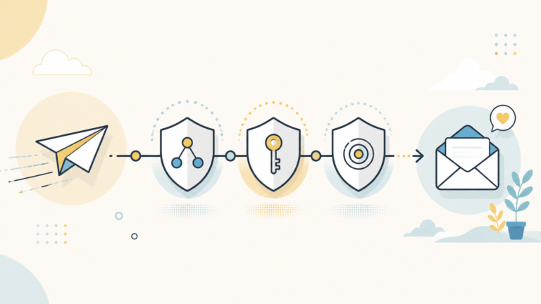 送信メールがSPF・DKIM・DMARCの認証を通って受信箱へ届くイメージ