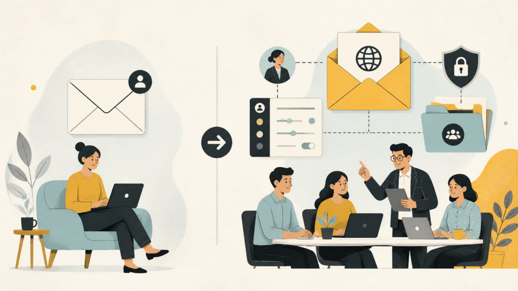 個人向け無料メールと会社で管理するGoogle Workspaceを比較するイメージ