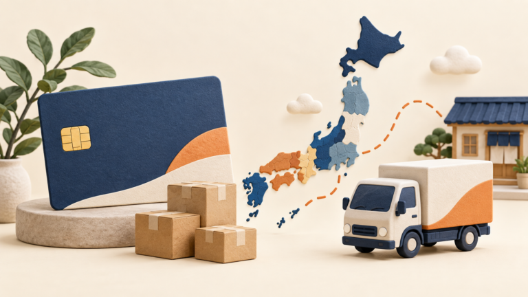 決済カードと配送地域、荷物と配送車を表すイメージ