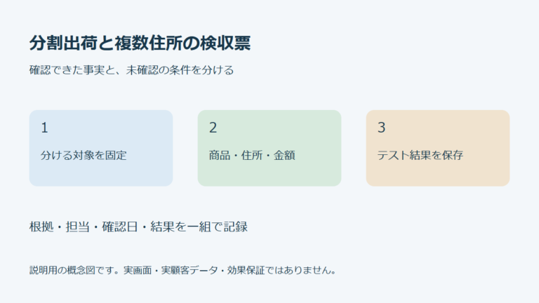 分割出荷と複数住所の検収票を分ける対象を固定、商品・住所・金額、テスト結果を保存の順で確認する概念図