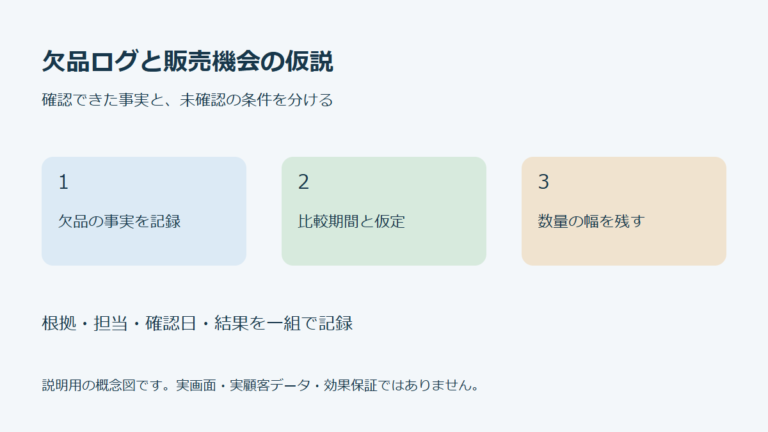 欠品ログと販売機会の仮説を欠品の事実を記録、比較期間と仮定、数量の幅を残すの順で確認する概念図