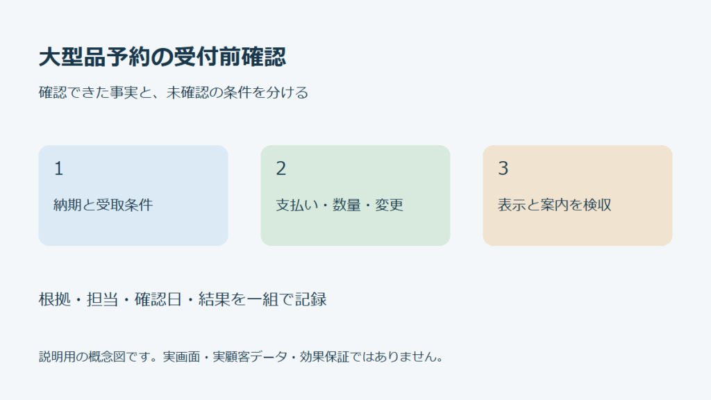 大型品予約の受付前確認を納期と受取条件、支払い・数量・変更、表示と案内を検収の順で確認する概念図