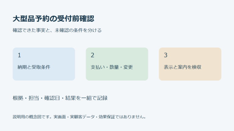 大型品予約の受付前確認を納期と受取条件、支払い・数量・変更、表示と案内を検収の順で確認する概念図