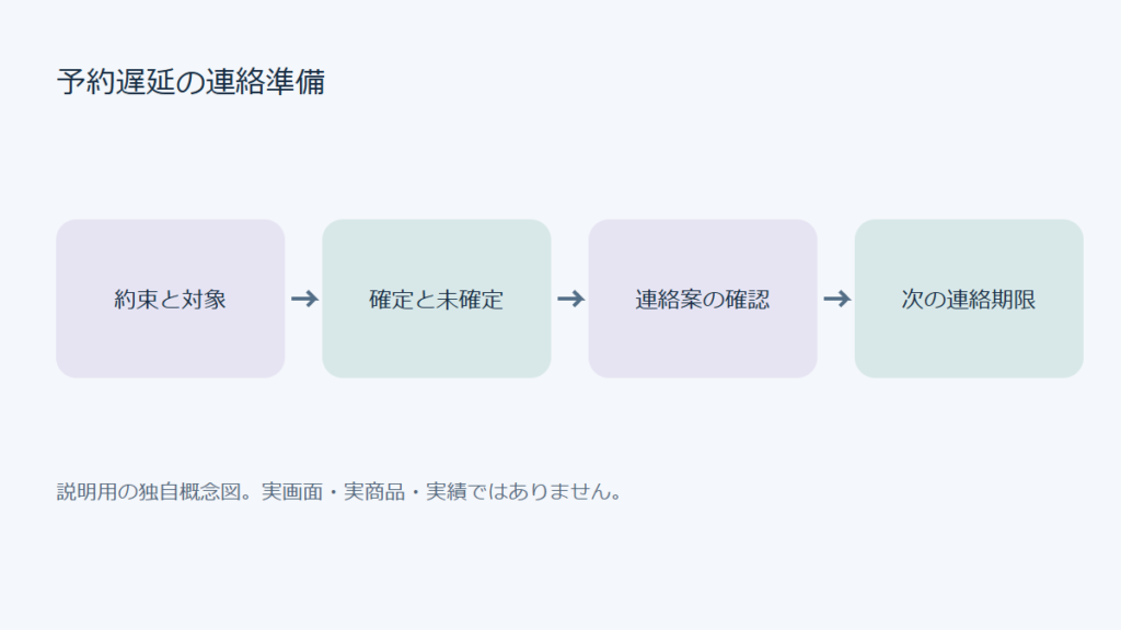 約束と対象から確定と未確定から連絡案の確認から次の連絡期限へ進む準備工程の概念図