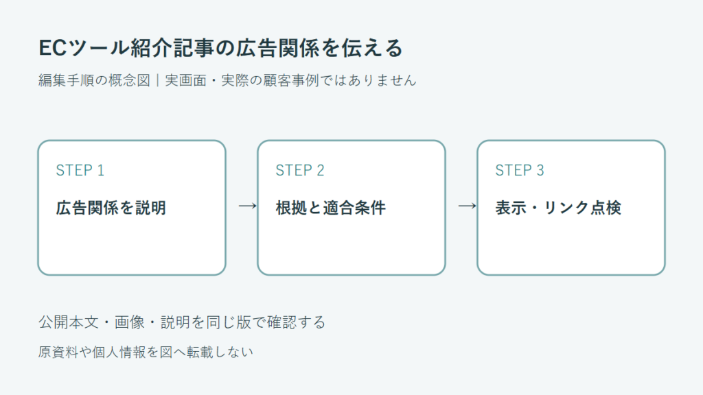 広告関係を説明から根拠と適合条件から表示・リンク点検へ進む編集確認の概念図